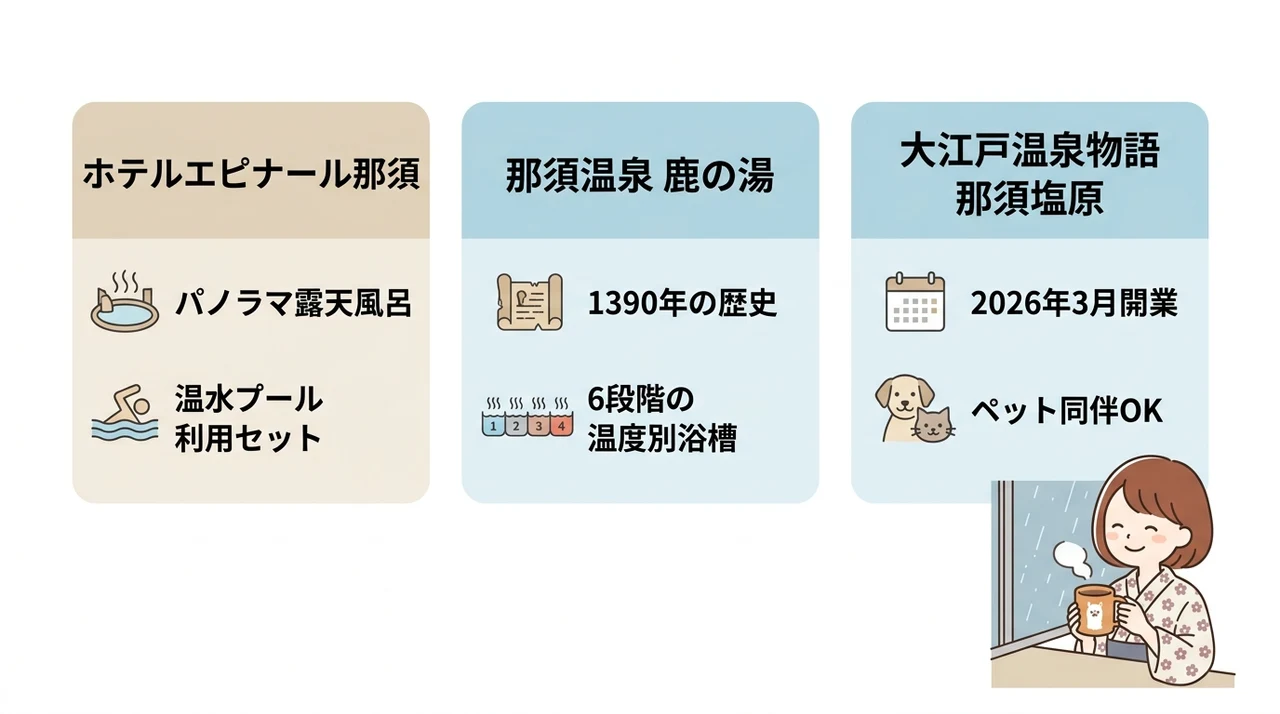 雨の日でも楽しめる那須の立ち寄り温泉比較