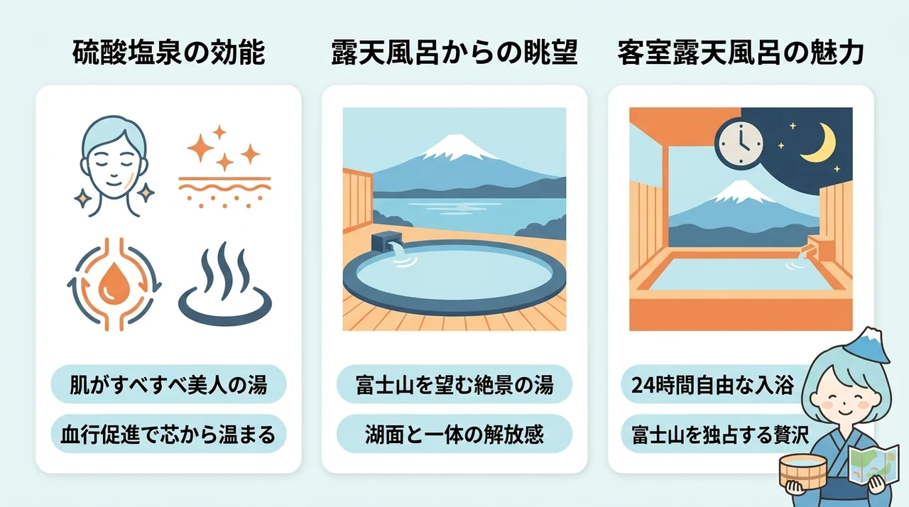 河口湖温泉の泉質と心身を癒やす温泉体験