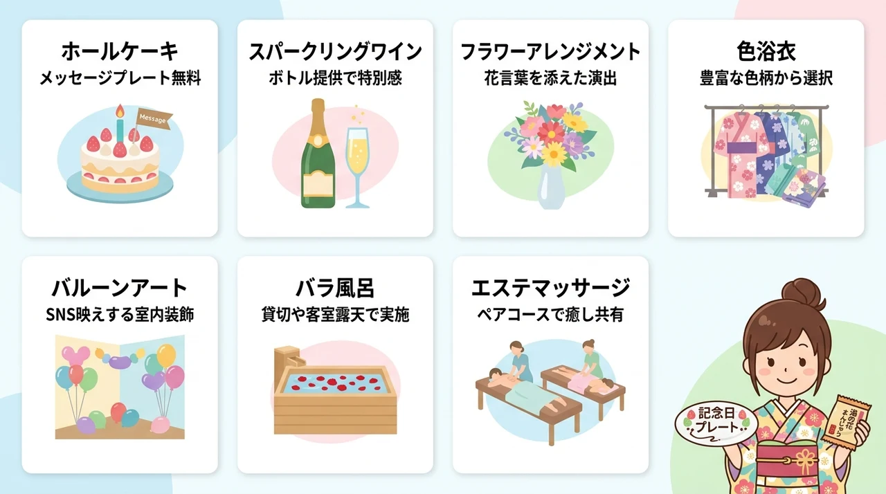 記念日宿のサプライズ演出と特典を徹底比較