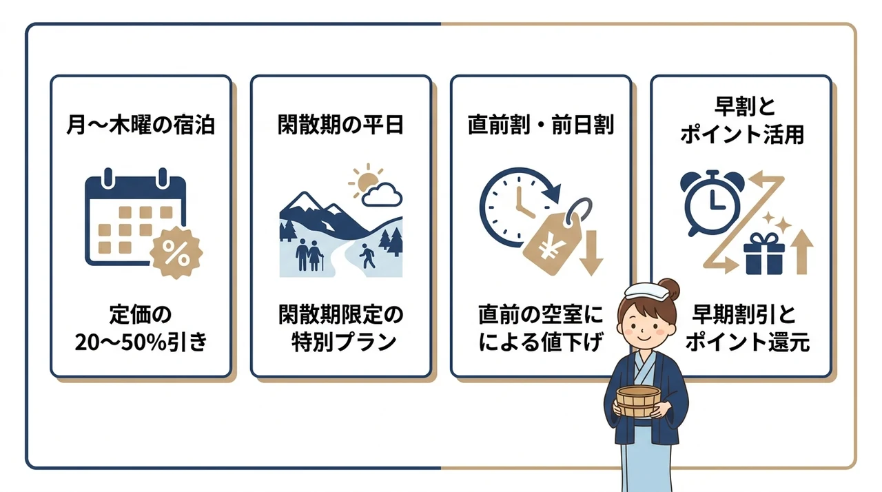 温泉宿の宿泊料金が安くなる平日のパターン