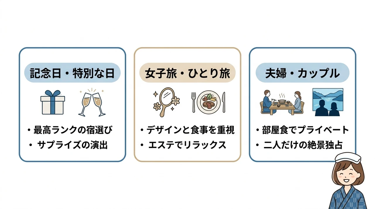 シーン別で選ぶ露天風呂付き客室の楽しみ方