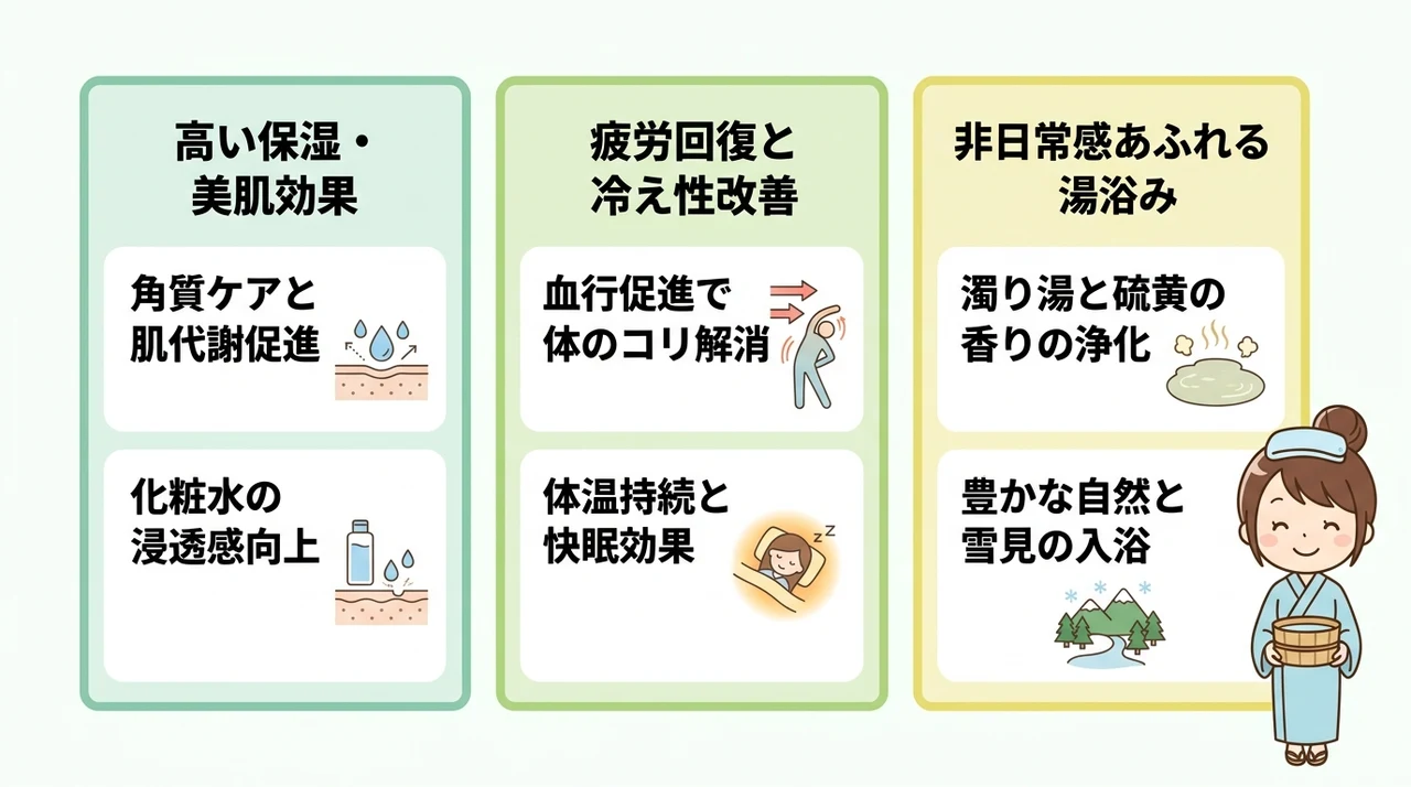 源泉掛け流しの白濁硫黄泉がもたらす3つの魅力
