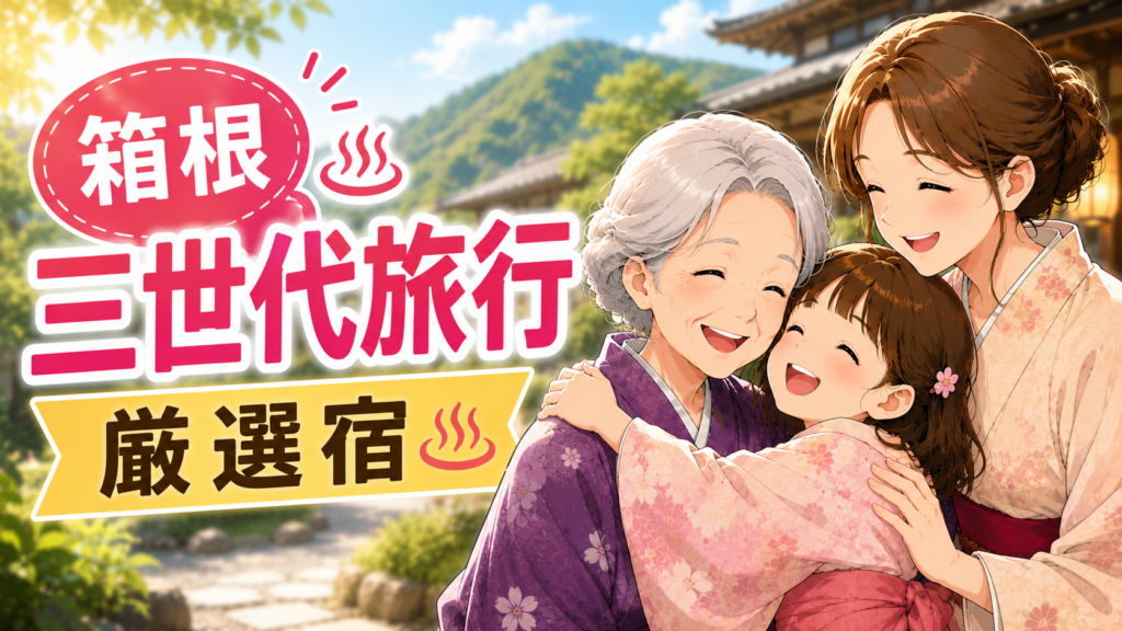 箱根の旅館で祖母・母・子どもの三世代が笑顔で過ごすイラスト