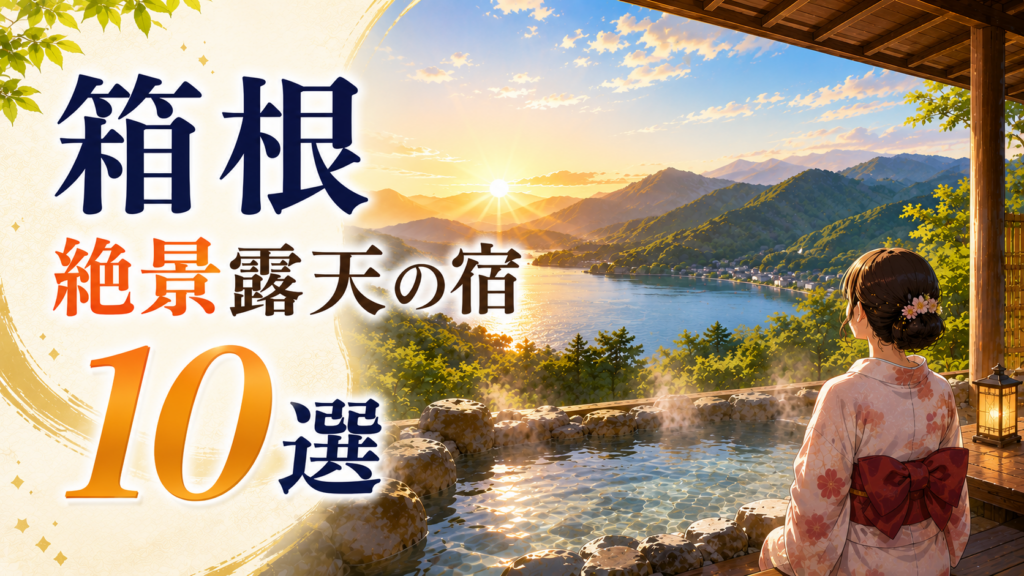 箱根の山と湖を望む絶景露天風呂と浴衣姿の女性