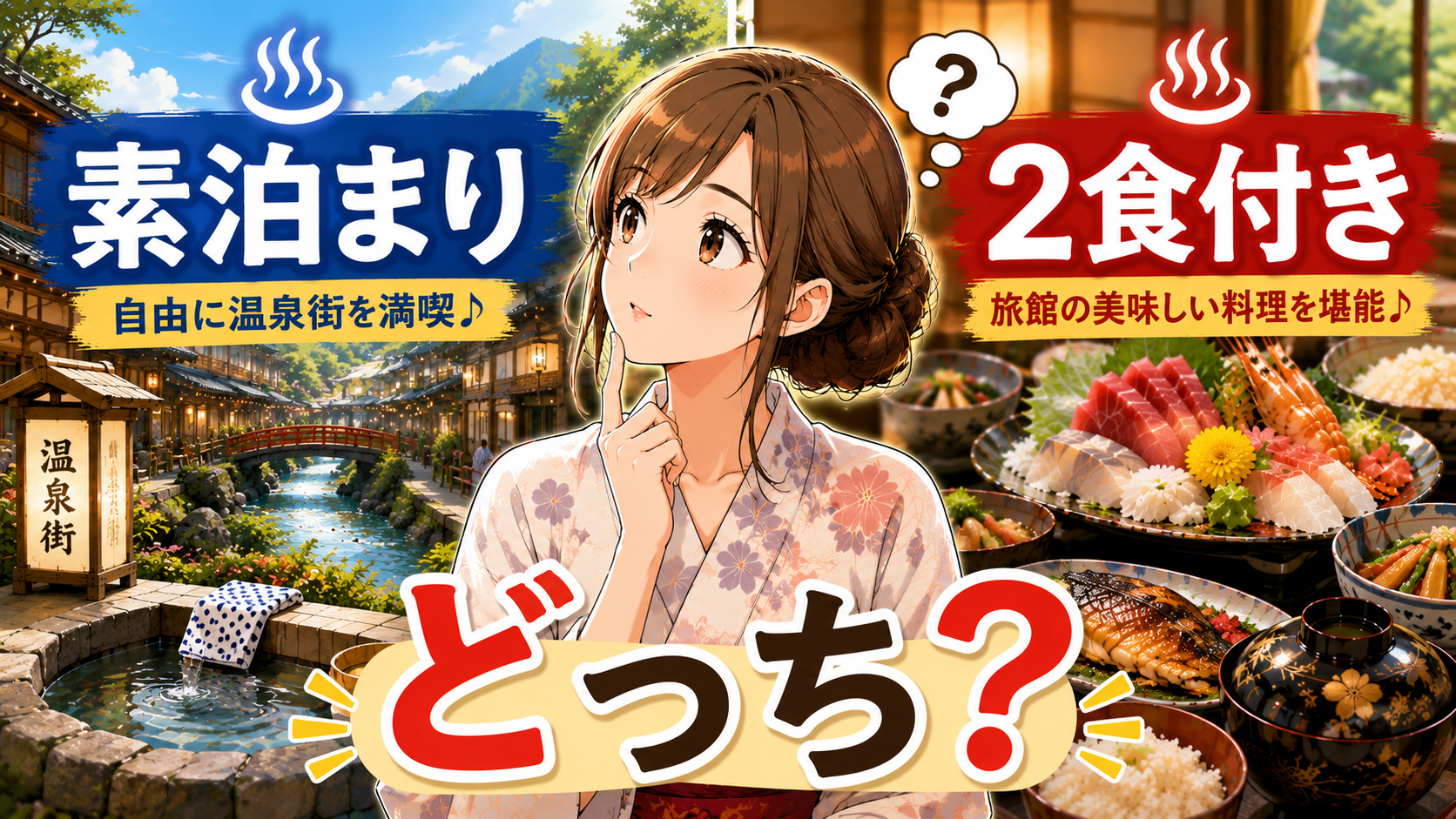 温泉宿の素泊まりと2食付きプランを比較して迷う浴衣姿の女性