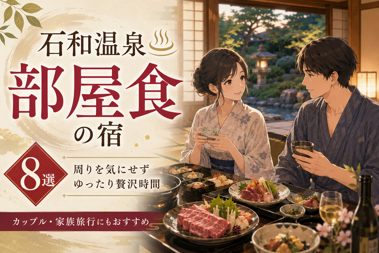石和温泉の部屋食を楽しむ浴衣姿のカップルと会席料理|おすすめ宿8選