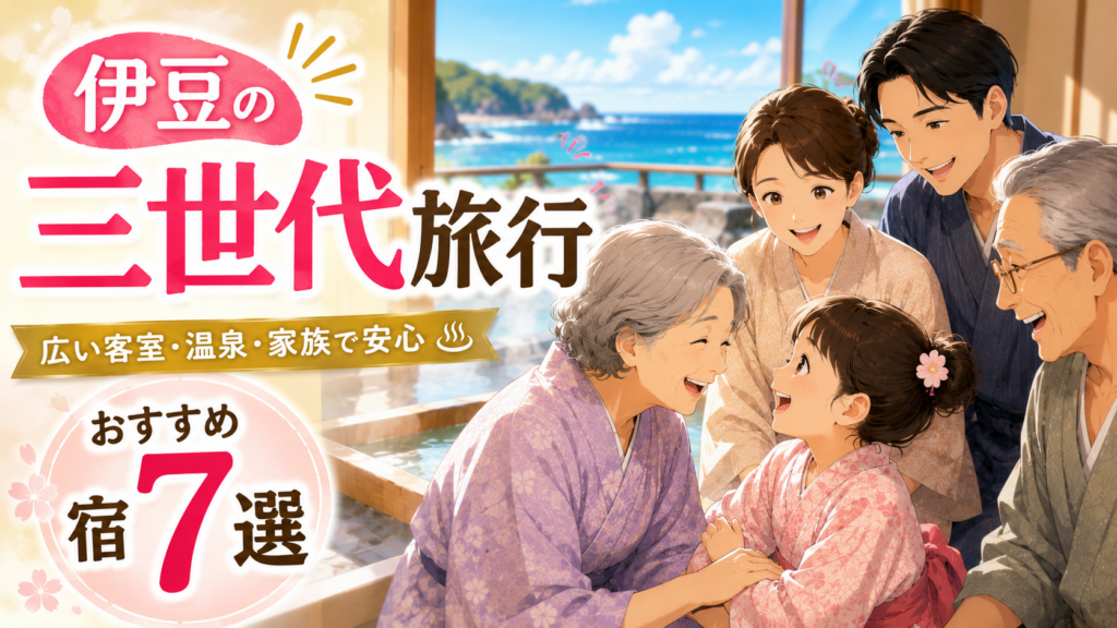 伊豆の三世代旅行におすすめの宿7選を紹介するアイキャッチ画像