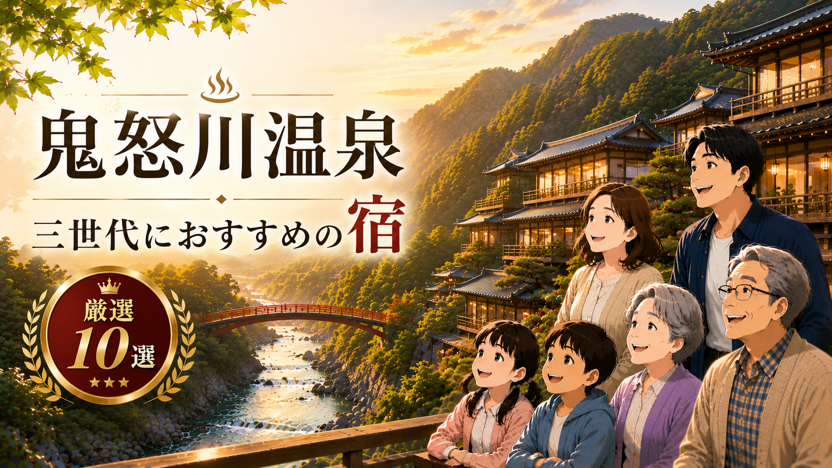 鬼怒川温泉の渓谷沿いにある旅館を背景に、三世代家族が温泉旅行を楽しむアイキャッチ画像