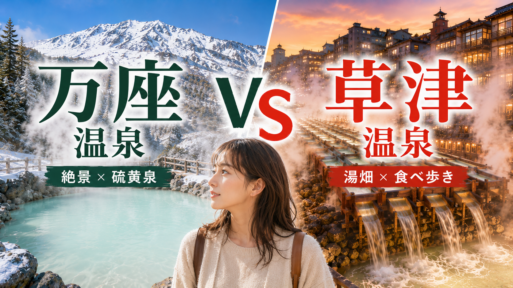 万座温泉と草津温泉を雪山の露天風呂と湯畑で比較するアイキャッチ画像