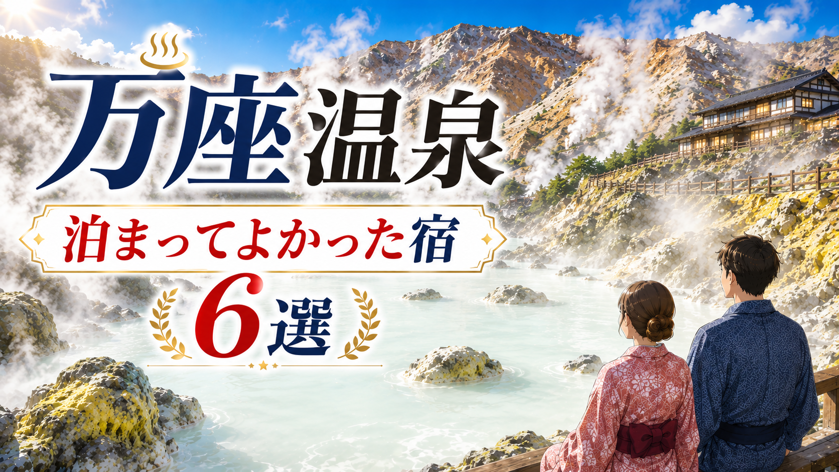 万座温泉の乳白色の露天風呂と山岳風景を眺める浴衣姿の夫婦、泊まってよかった宿6選