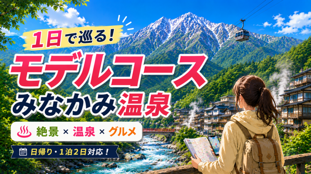 谷川岳と温泉街を望みながら地図を確認する女性旅行者と、みなかみ温泉観光モデルコースのイラスト