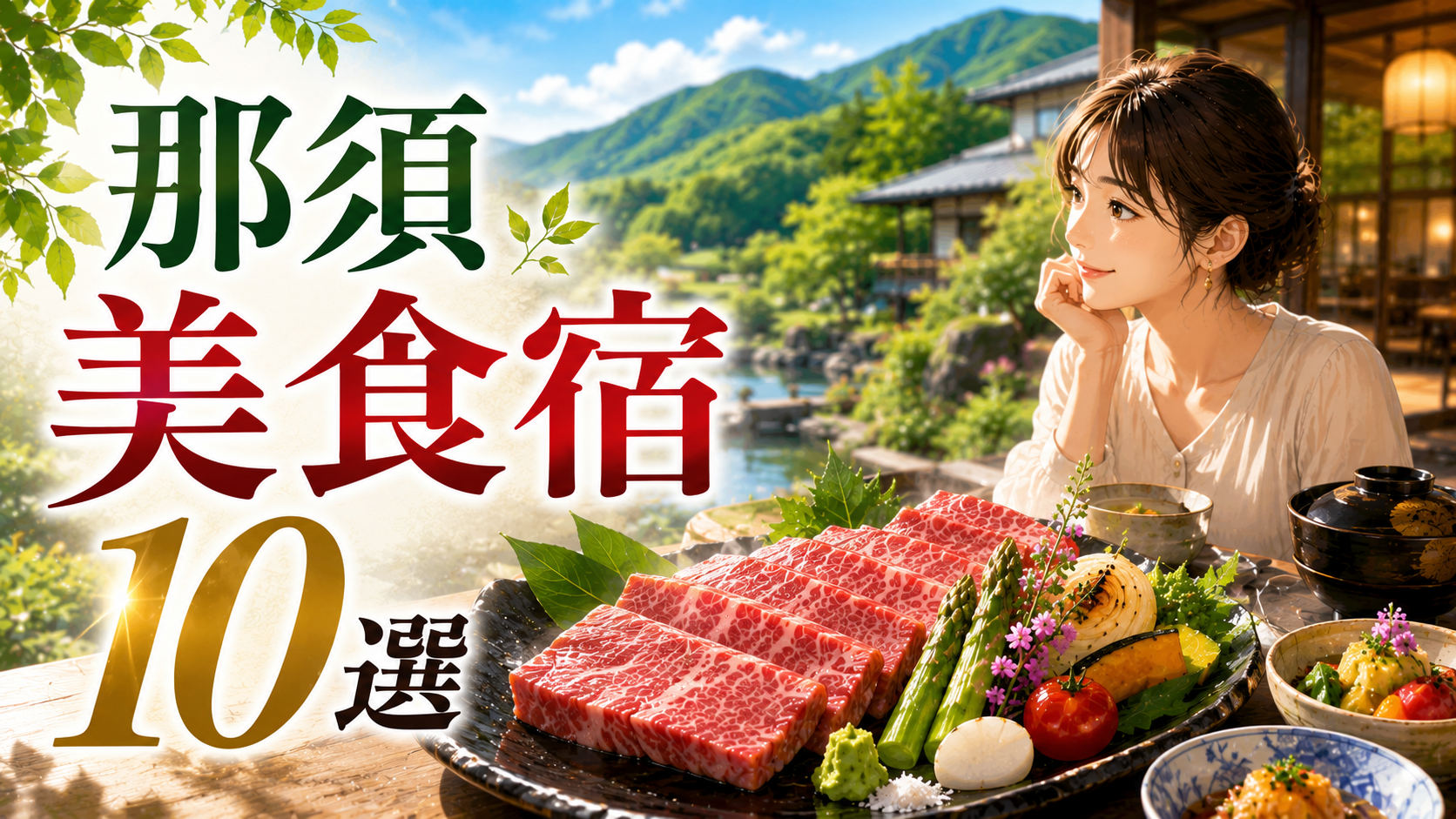 那須の食事が美味しい宿10選を紹介するアイキャッチ画像。那須和牛と高原野菜の料理、那須高原の宿、料理を楽しむ女性のイラスト