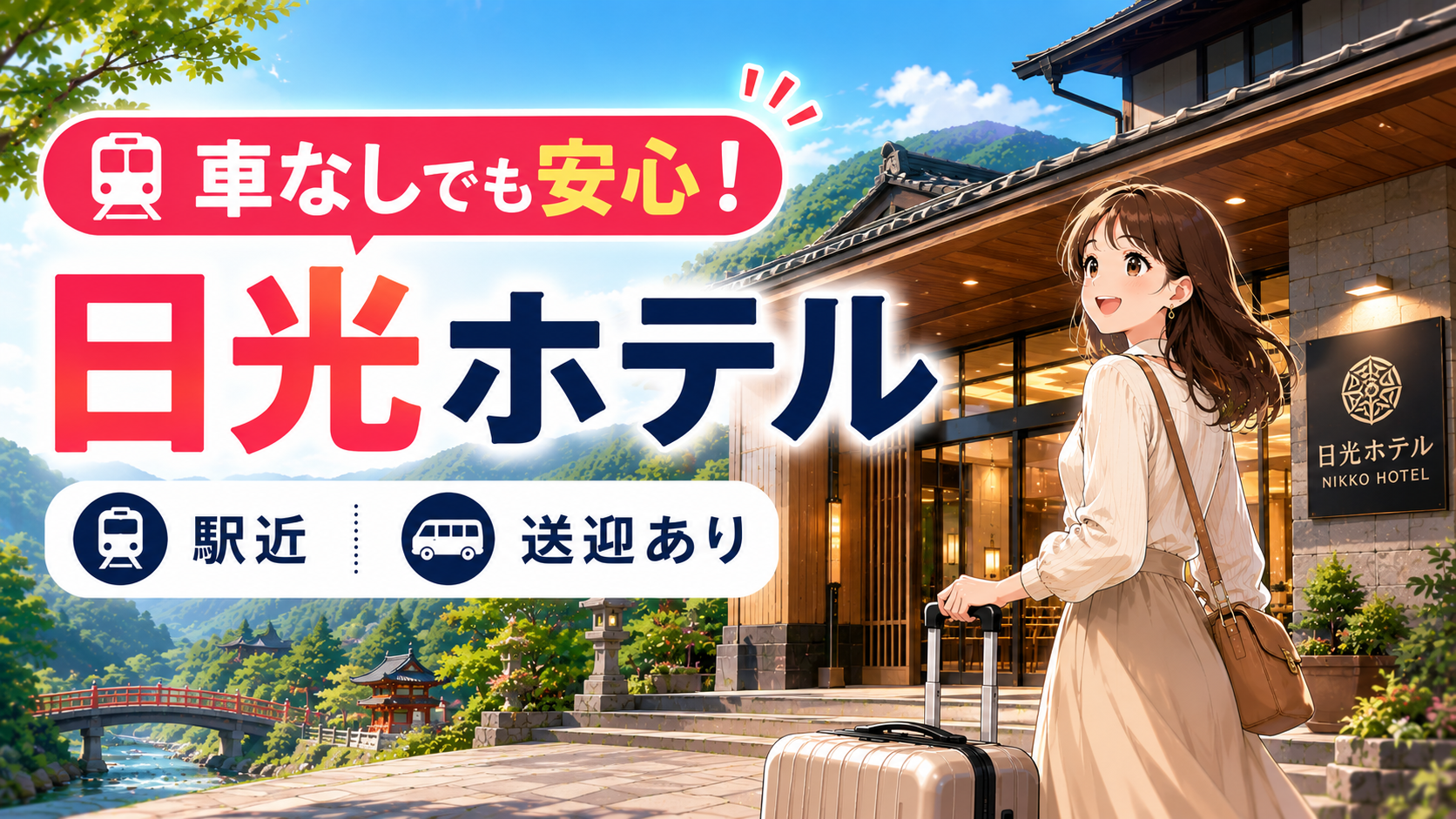 車なしでも安心して泊まれる日光ホテルを紹介するアイキャッチ画像。駅近や送迎ありの宿を探す旅行者向け。