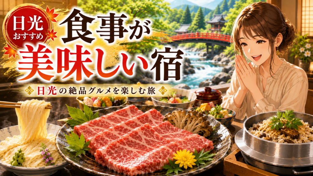 日光の食事が美味しい宿を紹介するアイキャッチ。とちぎ和牛や湯波料理を前に喜ぶ女性と神橋を描いたイラスト