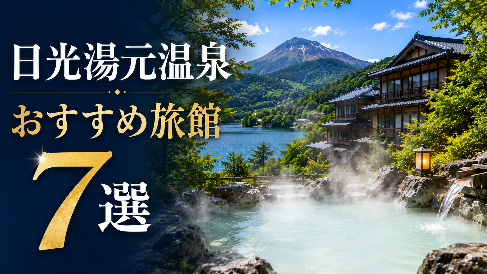 日光湯元温泉の白濁露天風呂と湖、旅館を背景にしたおすすめ旅館7選のアイキャッチ画像