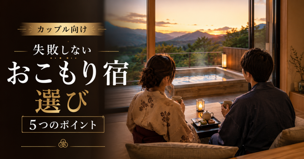 夕景を望む客室露天風呂付きの和モダン客室で、浴衣姿のカップルがお茶を楽しむ様子