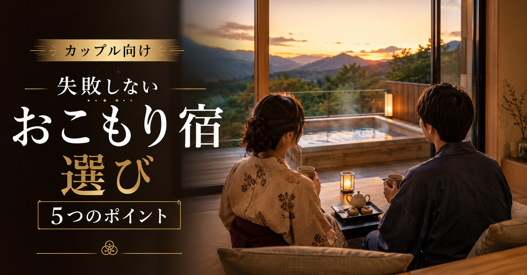 夕景を望む客室露天風呂付きの和モダン客室で、浴衣姿のカップルがお茶を楽しむ様子
