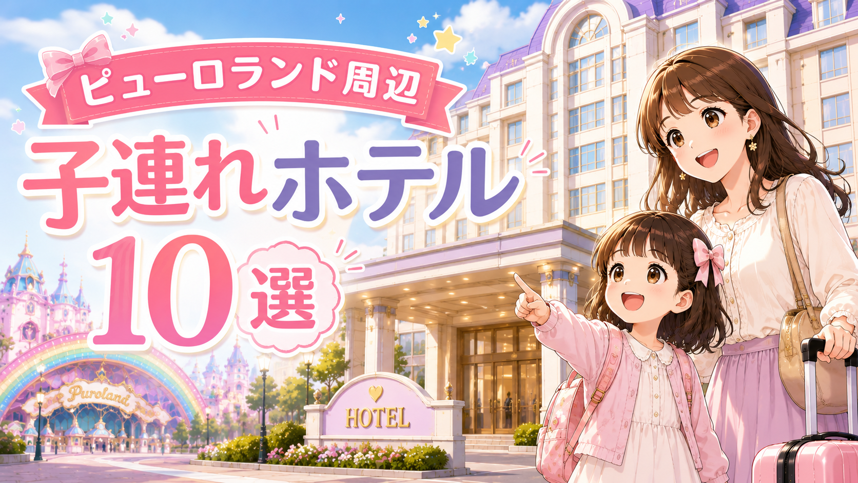 サンリオピューロランド周辺の子連れ向けホテル10選を紹介する親子旅行のイラスト