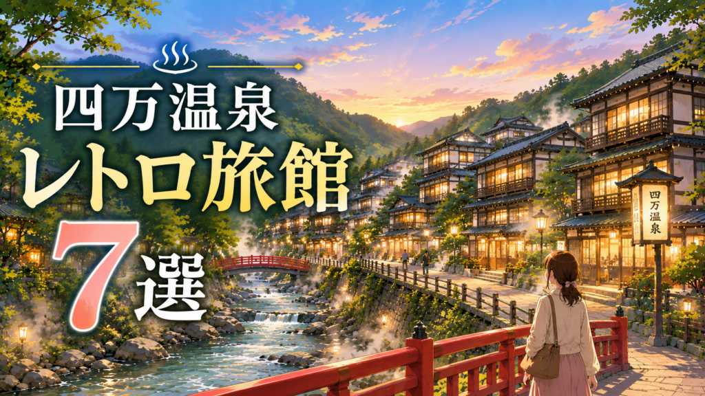 四万温泉の川沿いに並ぶレトロ旅館と赤い橋を描いた、レトロ旅館7選のアイキャッチ画像