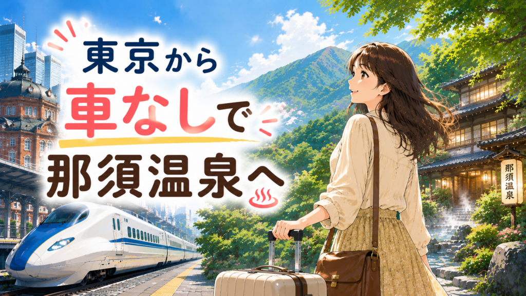 東京から車なしで那須温泉へ向かう旅行者と新幹線、温泉旅館を描いたアイキャッチ画像