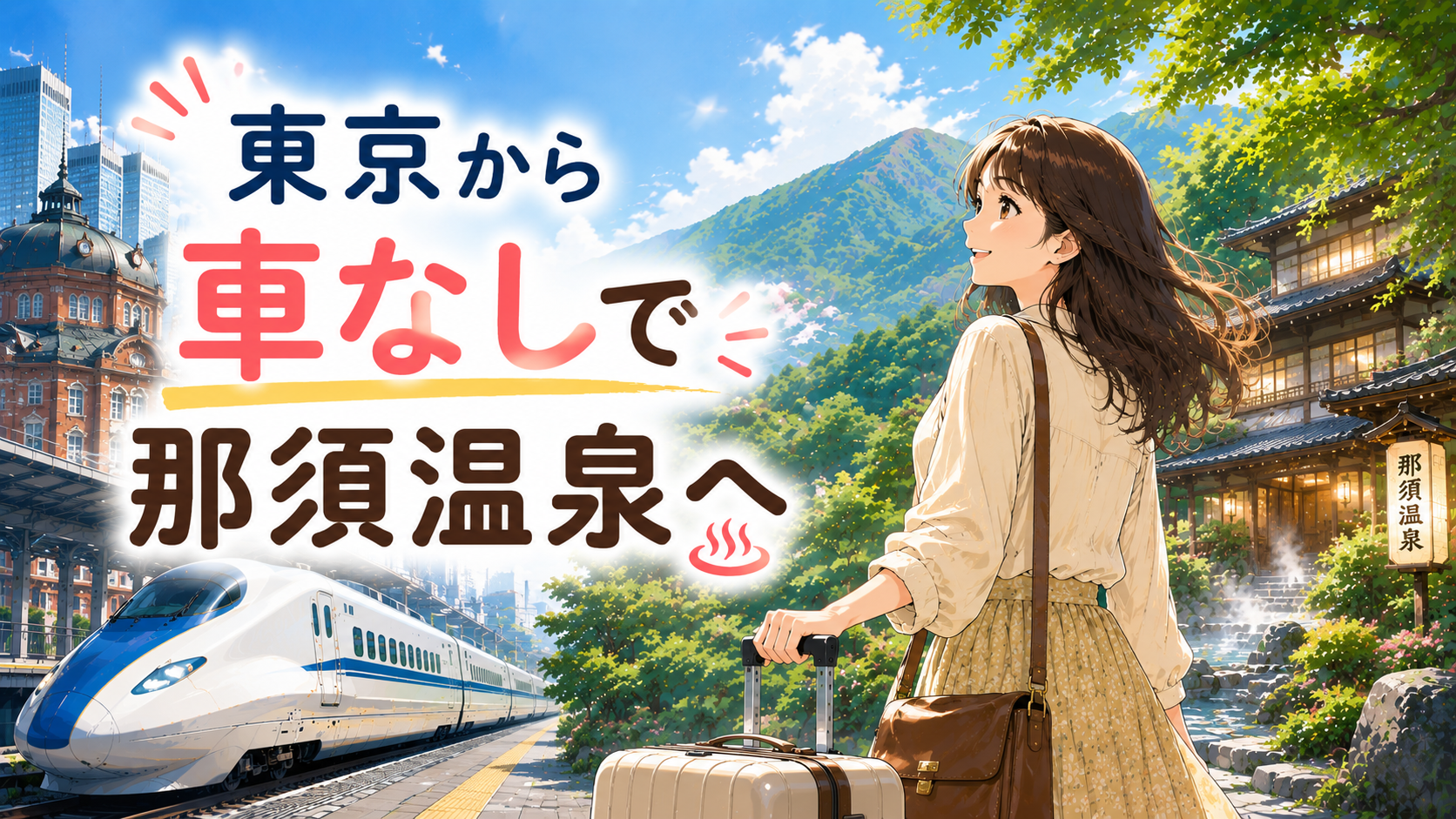 東京から車なしで那須温泉へ向かう旅行者と新幹線、温泉旅館を描いたアイキャッチ画像