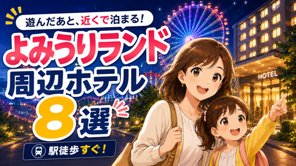 よみうりランド周辺のホテルを探す親子と、夜の観覧車やホテルを描いたイラスト