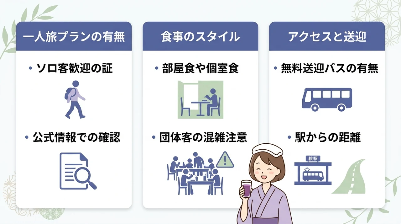 石和温泉一人旅の宿を選ぶ3つのポイント