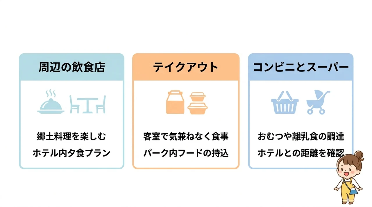 子連れ旅行の負担を減らす周辺の食事処とテイクアウト