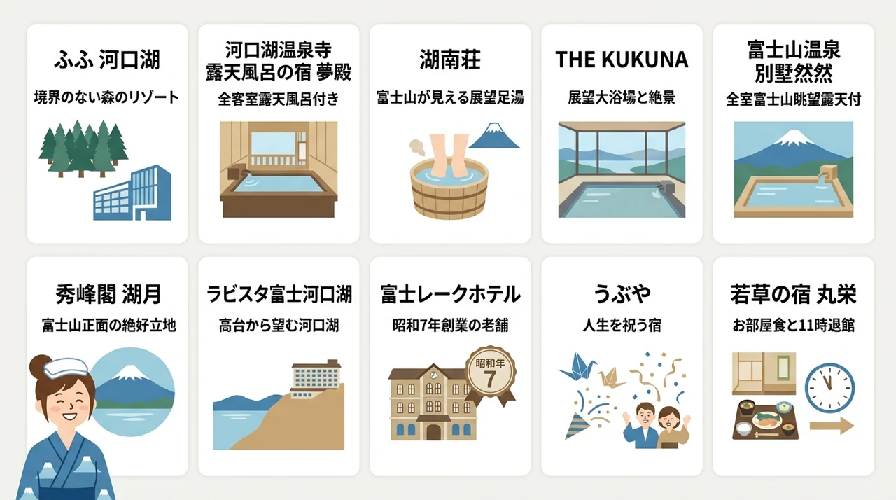 河口湖温泉で露天風呂付き客室に泊まれるおすすめ宿10選