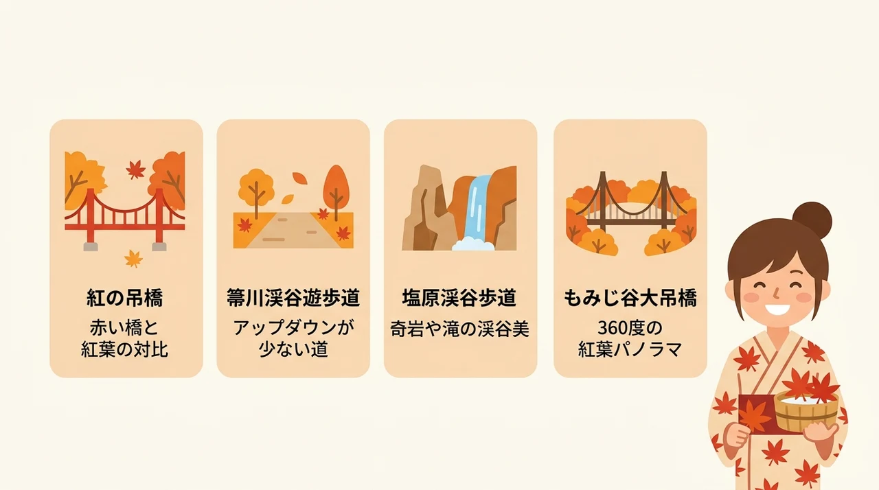 箒川沿いで紅葉を楽しむ散策ルート