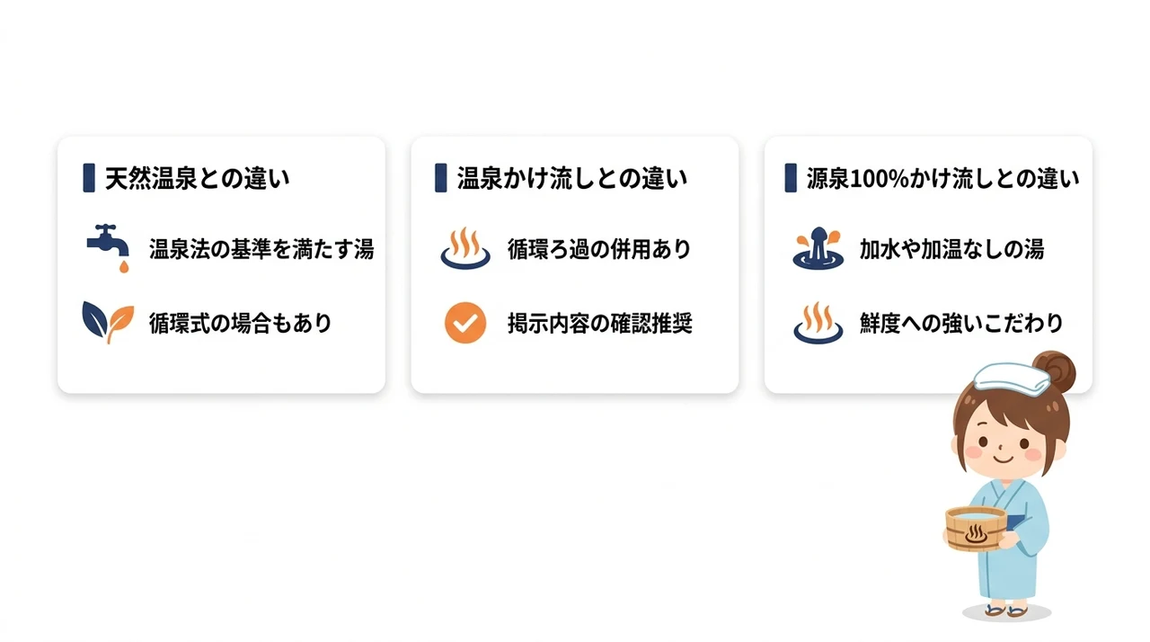 源泉かけ流しと間違えやすい温泉表記の見分け方