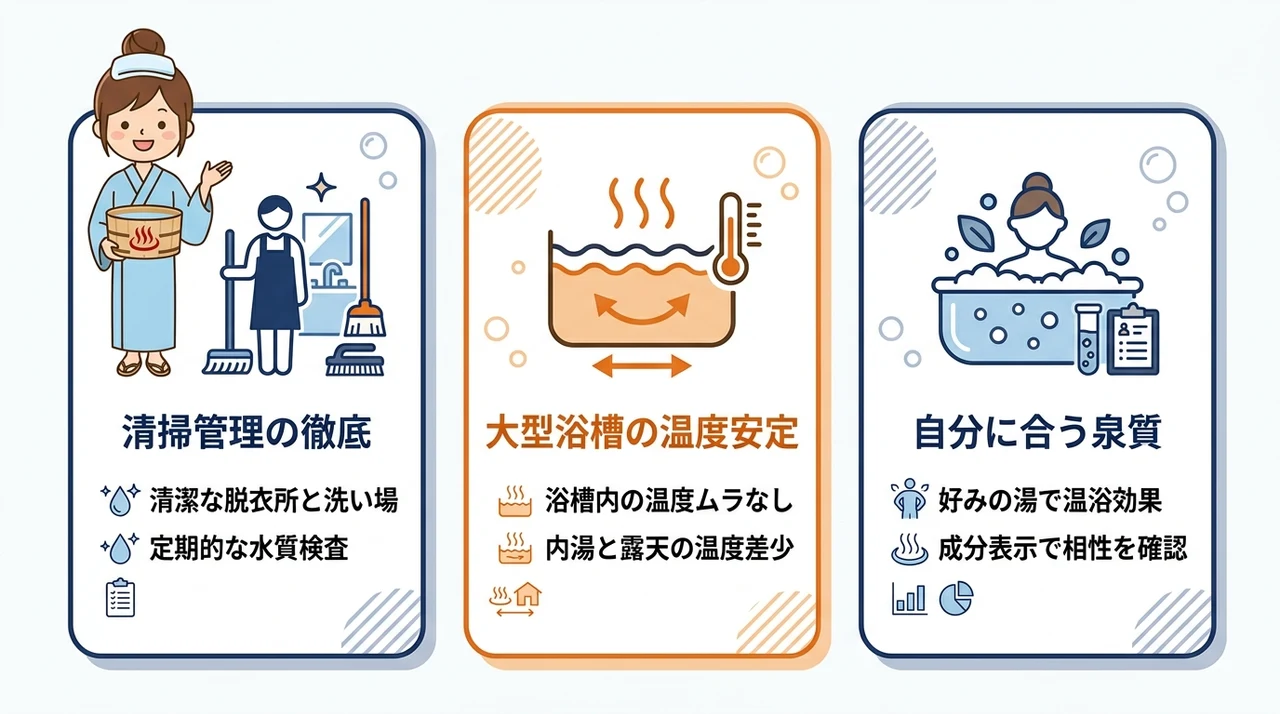 循環式でも快適な温泉を見つける3つのポイント