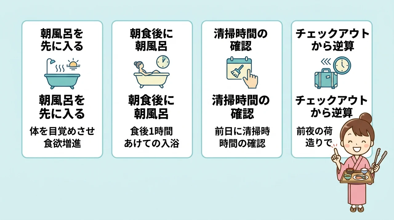 朝食バイキングと朝風呂を両立させる時間配分