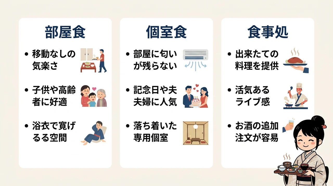 温泉宿の会席料理が楽しめる食事スタイル3選