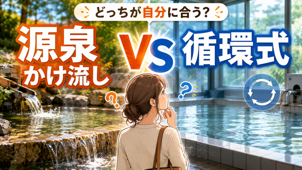 源泉かけ流しと循環式温泉の違いを比較するイメージ