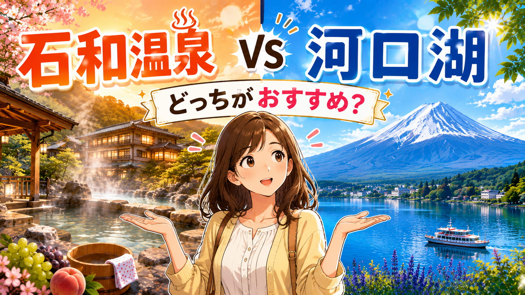 石和温泉の温泉旅館と富士山を望む河口湖を比較するイメージ