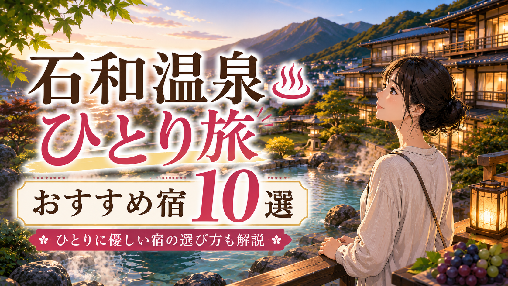 石和温泉で一人旅を楽しむ女性と温泉旅館の風景｜おすすめ宿10選」