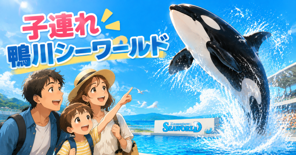子連れで鴨川シーワールドを楽しむ家族とシャチショーの様子