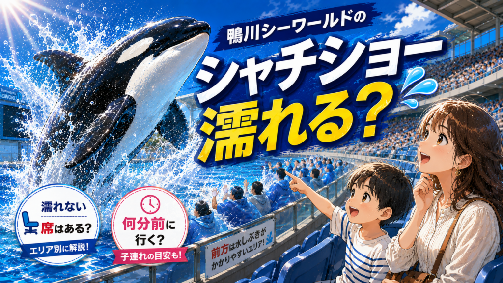 鴨川シーワールドのシャチショーで前方席に水しぶきがかかる様子と、後方席で観覧する親子