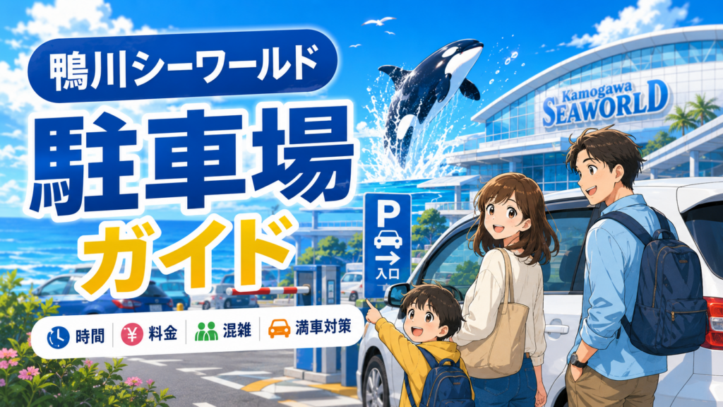 鴨川シーワールドの駐車場ガイドをイメージした家族連れと駐車場のイラスト