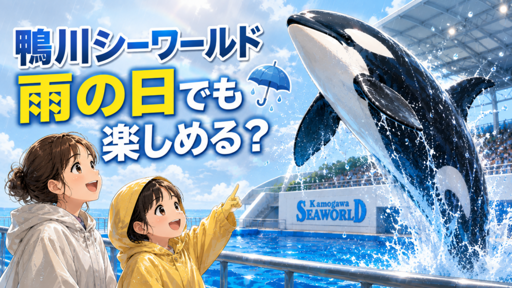 雨の日の鴨川シーワールドでシャチショーを楽しむレインコート姿の親子