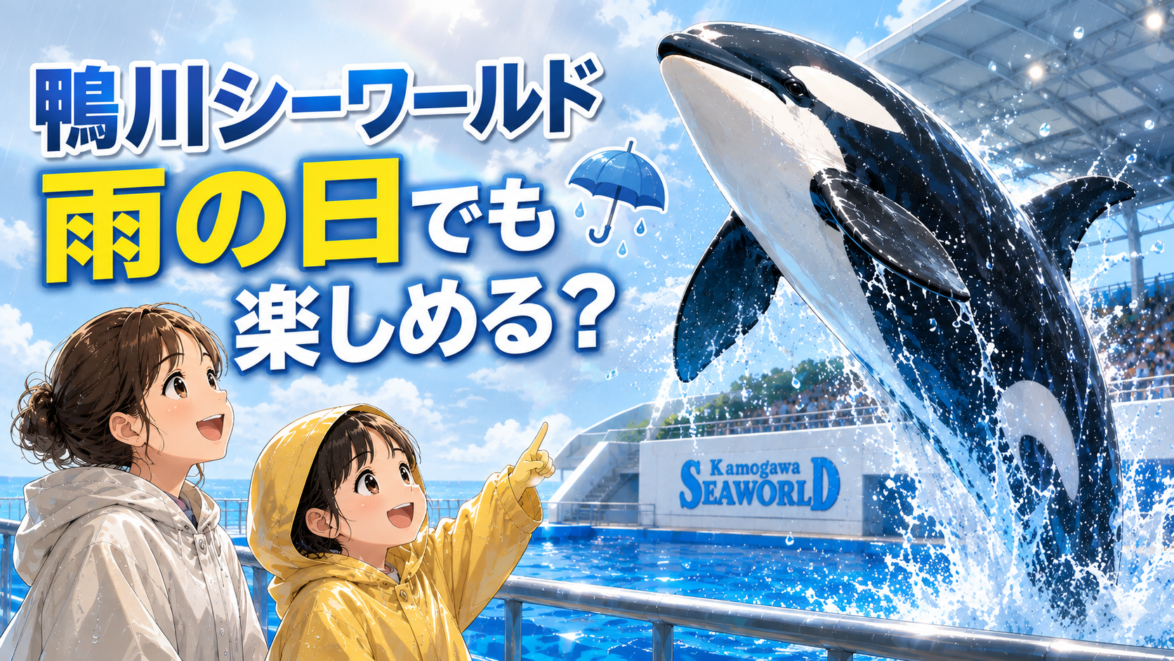 雨の日の鴨川シーワールドでシャチショーを楽しむレインコート姿の親子