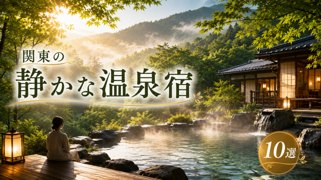 関東の静かな温泉宿10選を紹介するアイキャッチ画像。山あいの露天風呂と木造旅館、湯景色を眺める女性の後ろ姿