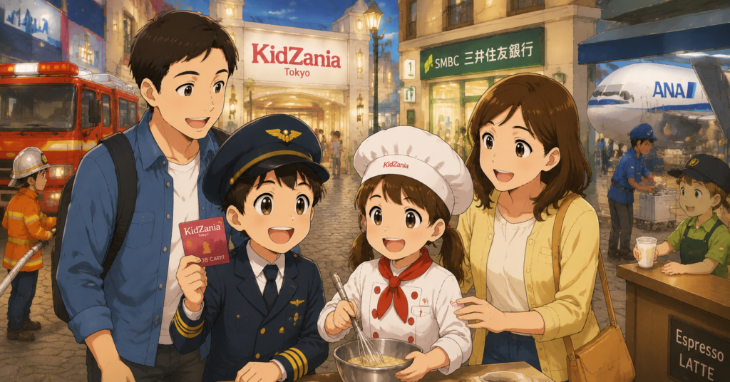 キッザニア東京を楽しむ親子の様子｜子どもが職業体験に挑戦し家族で過ごすイメージ画像