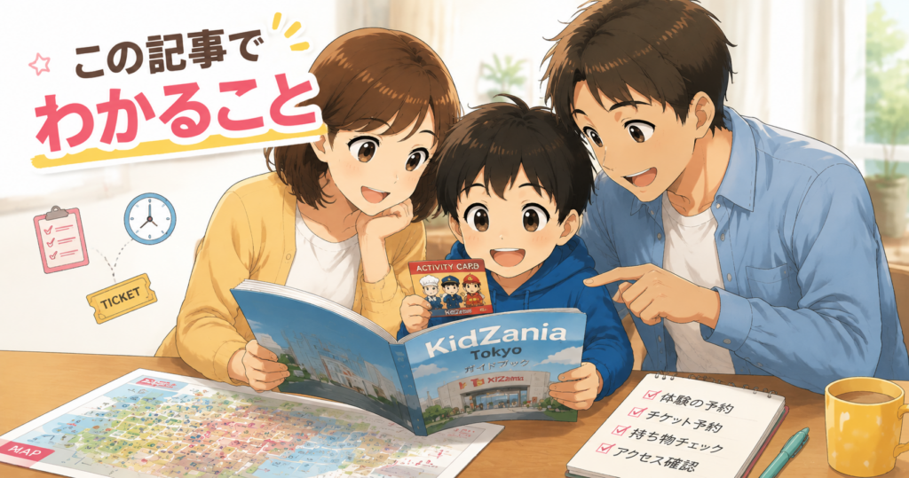 キッザニア東京へ行く前に家族で準備する様子を描いたガイド画像｜チケット予約や体験内容を確認