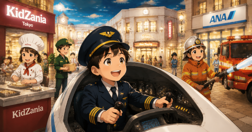 キッザニア東京で子どもがパイロットや消防士などの職業体験を楽しむ様子を描いたイメージ画像