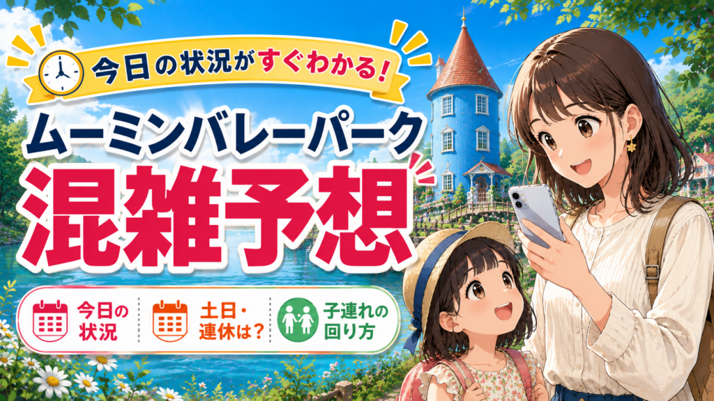 ムーミンバレーパークの混雑予想をスマホで確認する親子のイメージ