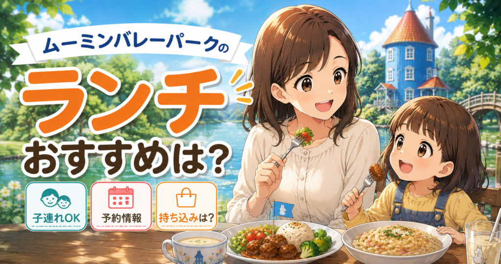 ムーミンバレーパークの子連れランチおすすめ・予約・持ち込み情報を紹介するイメージ