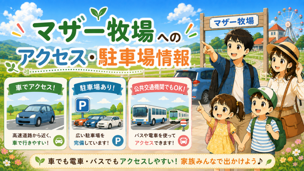 マザー牧場への車や公共交通機関でのアクセス方法と駐車場情報を紹介する見出し画像