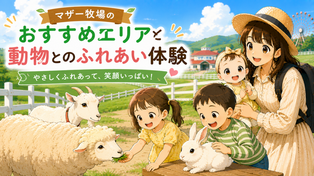 マザー牧場のおすすめエリアで羊やヤギ、うさぎと触れ合う子どもたちの見出し画像